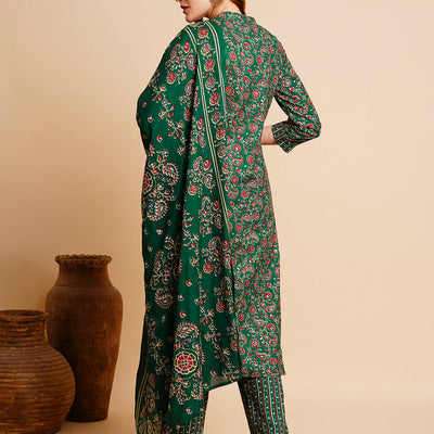 Floral Foil Printed & Embroidered Straight Kurta with Pant & Dupatta - Green