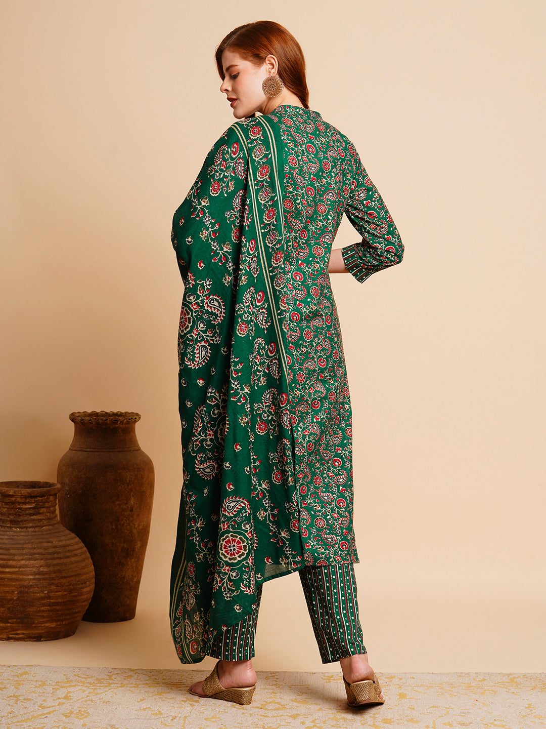 Floral Foil Printed & Embroidered Straight Kurta with Pant & Dupatta - Green