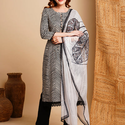 Ethnic Chevron Printed & Embroidered Straight Kurta with Pant & Dupatta - Black