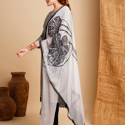 Ethnic Chevron Printed & Embroidered Straight Kurta with Pant & Dupatta - Black