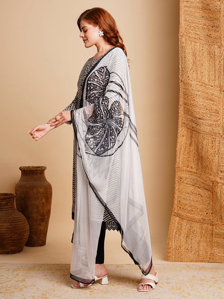 Ethnic Chevron Printed & Embroidered Straight Kurta with Pant & Dupatta - Black