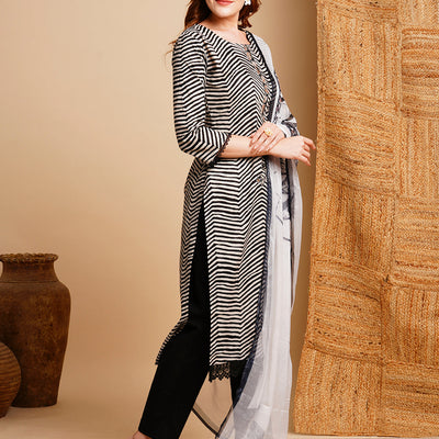 Ethnic Chevron Printed & Embroidered Straight Kurta with Pant & Dupatta - Black