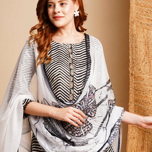 Ethnic Chevron Printed & Embroidered Straight Kurta with Pant & Dupatta - Black