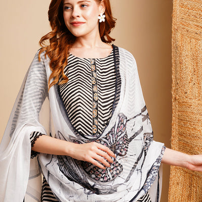 Ethnic Chevron Printed & Embroidered Straight Kurta with Pant & Dupatta - Black