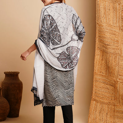 Ethnic Chevron Printed & Embroidered Straight Kurta with Pant & Dupatta - Black