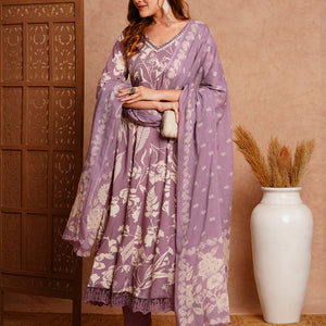 Abstract Printed & Embroidered Anarkali with Pant & Dupatta - Lavender