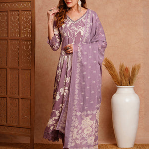 Abstract Printed & Embroidered Anarkali with Pant & Dupatta - Lavender