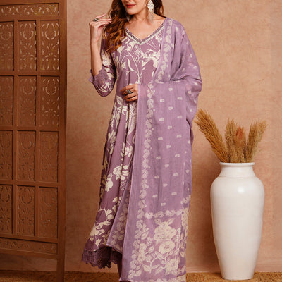 Abstract Printed & Embroidered Anarkali with Pant & Dupatta - Lavender