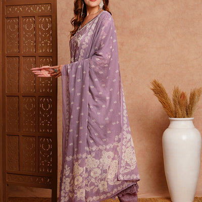 Abstract Printed & Embroidered Anarkali with Pant & Dupatta - Lavender