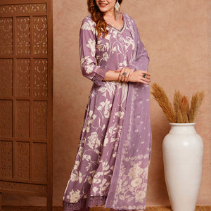 Abstract Printed & Embroidered Anarkali with Pant & Dupatta - Lavender