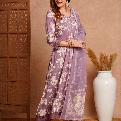 Abstract Printed & Embroidered Anarkali with Pant & Dupatta - Lavender