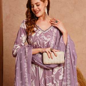 Abstract Printed & Embroidered Anarkali with Pant & Dupatta - Lavender