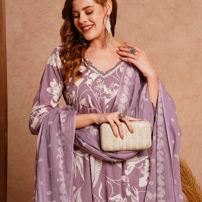 Abstract Printed & Embroidered Anarkali with Pant & Dupatta - Lavender