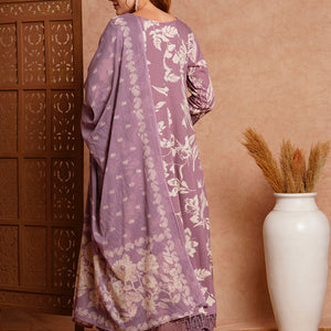 Abstract Printed & Embroidered Anarkali with Pant & Dupatta - Lavender