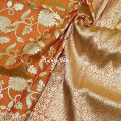 Orange Yellow Floral Motif Designer Katan Silk Banarasi Saree