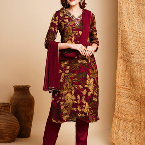 Floral Printed & Hand Embroidered Kurta with Pant & Dupatta - Maroon