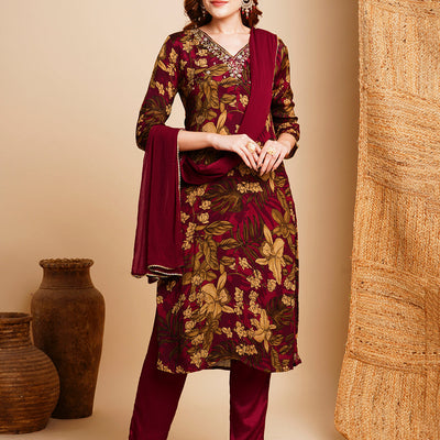 Floral Printed & Hand Embroidered Kurta with Pant & Dupatta - Maroon