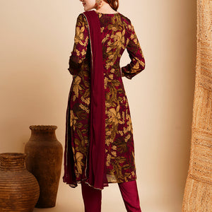Floral Printed & Hand Embroidered Kurta with Pant & Dupatta - Maroon