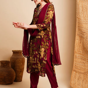 Floral Printed & Hand Embroidered Kurta with Pant & Dupatta - Maroon