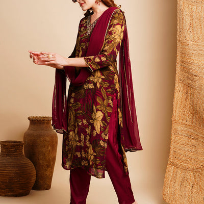 Floral Printed & Hand Embroidered Kurta with Pant & Dupatta - Maroon