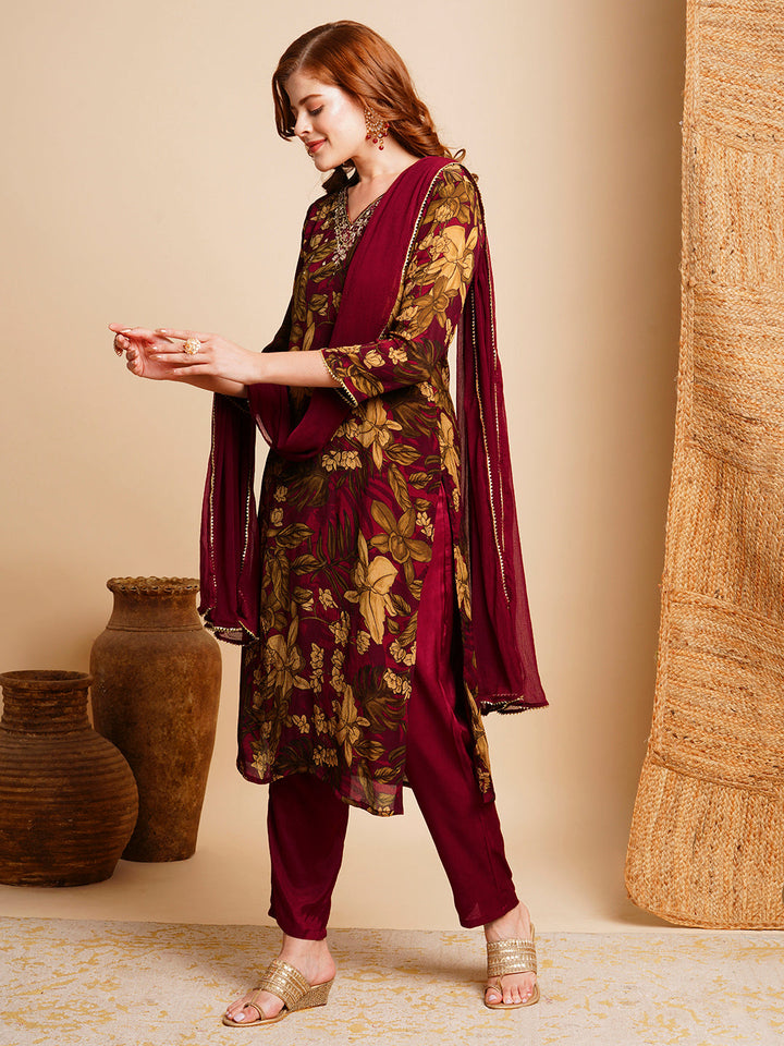 Floral Printed & Hand Embroidered Kurta with Pant & Dupatta - Maroon