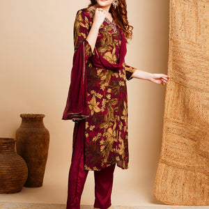 Floral Printed & Hand Embroidered Kurta with Pant & Dupatta - Maroon