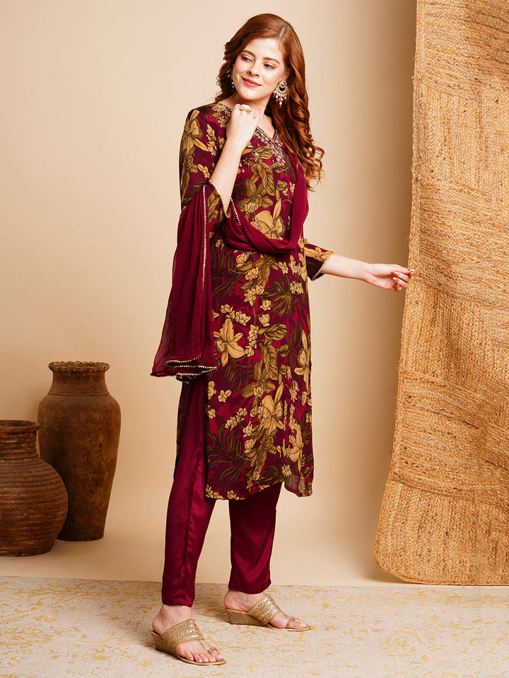 Floral Printed & Hand Embroidered Kurta with Pant & Dupatta - Maroon