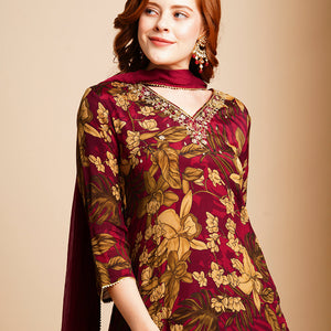 Floral Printed & Hand Embroidered Kurta with Pant & Dupatta - Maroon