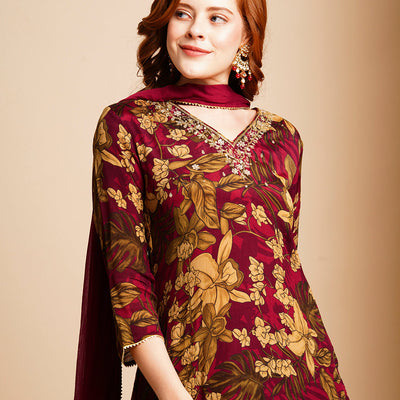 Floral Printed & Hand Embroidered Kurta with Pant & Dupatta - Maroon
