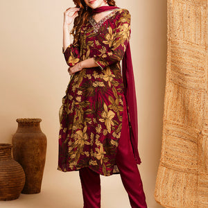 Floral Printed & Hand Embroidered Kurta with Pant & Dupatta - Maroon