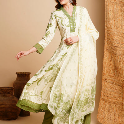 Floral Printed & Embroidered Anarkali Kurta with Pant & Dupatta - Off White