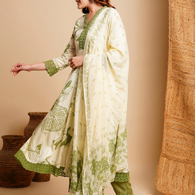 Floral Printed & Embroidered Anarkali Kurta with Pant & Dupatta - Off White