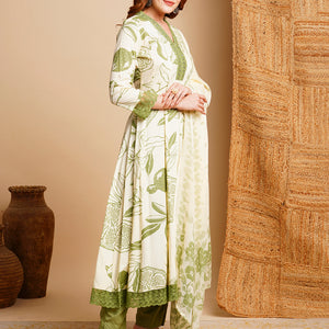 Floral Printed & Embroidered Anarkali Kurta with Pant & Dupatta - Off White