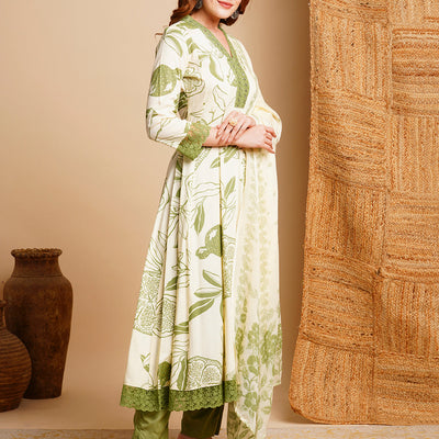 Floral Printed & Embroidered Anarkali Kurta with Pant & Dupatta - Off White