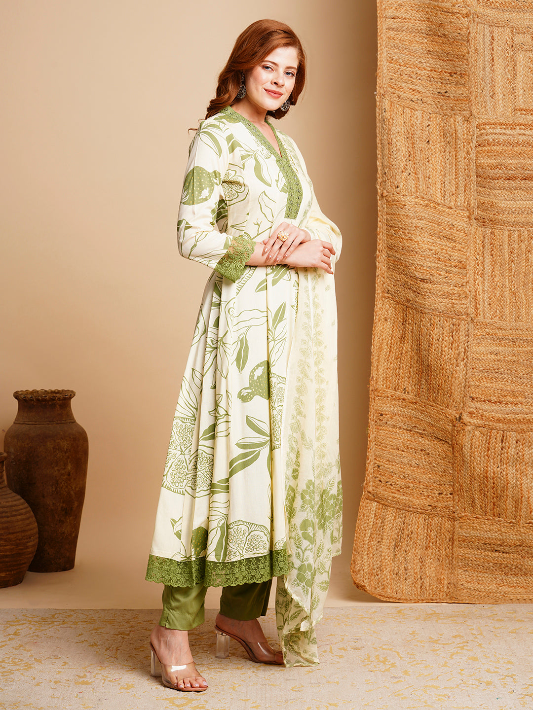 Floral Printed & Embroidered Anarkali Kurta with Pant & Dupatta - Off White