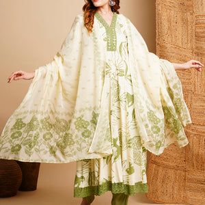Floral Printed & Embroidered Anarkali Kurta with Pant & Dupatta - Off White