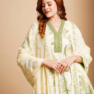 Floral Printed & Embroidered Anarkali Kurta with Pant & Dupatta - Off White