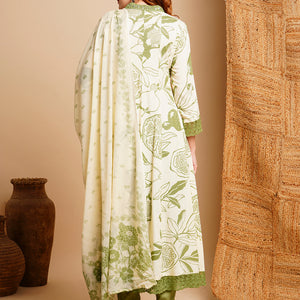 Floral Printed & Embroidered Anarkali Kurta with Pant & Dupatta - Off White