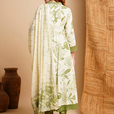 Floral Printed & Embroidered Anarkali Kurta with Pant & Dupatta - Off White