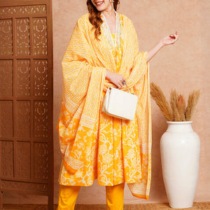 Floral Printed & Embroidered A-Line Paneled Kurta with Pant and Dupatta - Yellow
