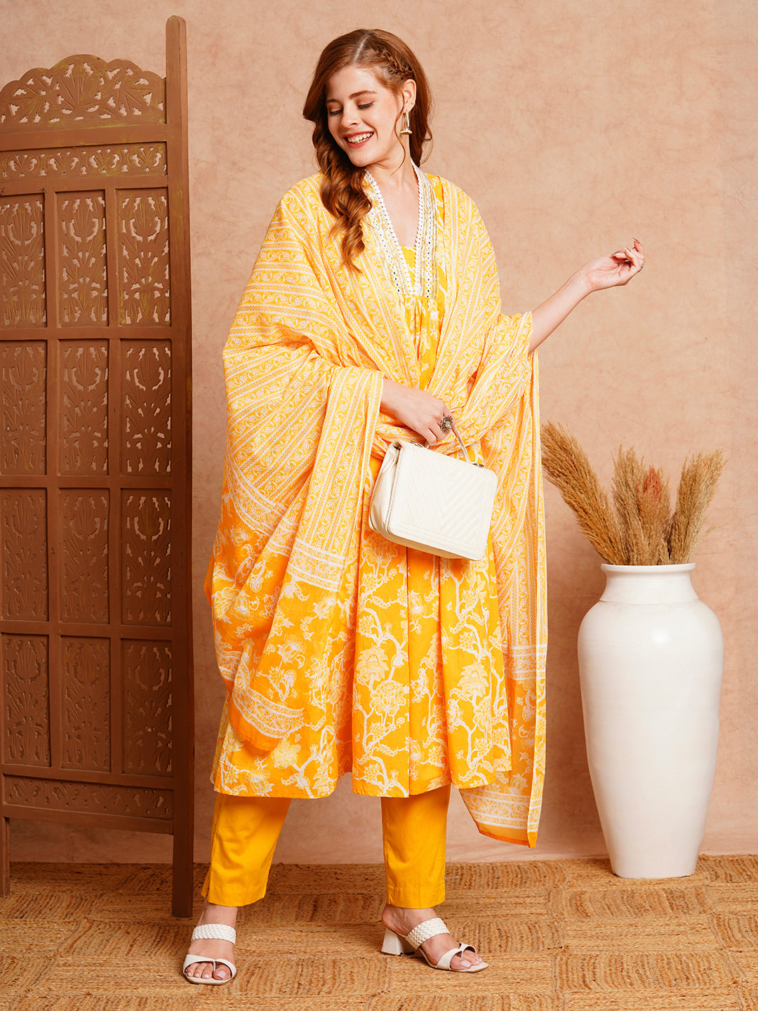 Floral Printed & Embroidered A-Line Paneled Kurta with Pant and Dupatta - Yellow