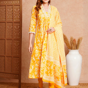 Floral Printed & Embroidered A-Line Paneled Kurta with Pant and Dupatta - Yellow