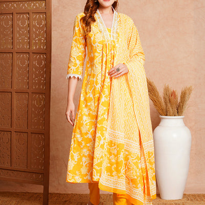 Floral Printed & Embroidered A-Line Paneled Kurta with Pant and Dupatta - Yellow