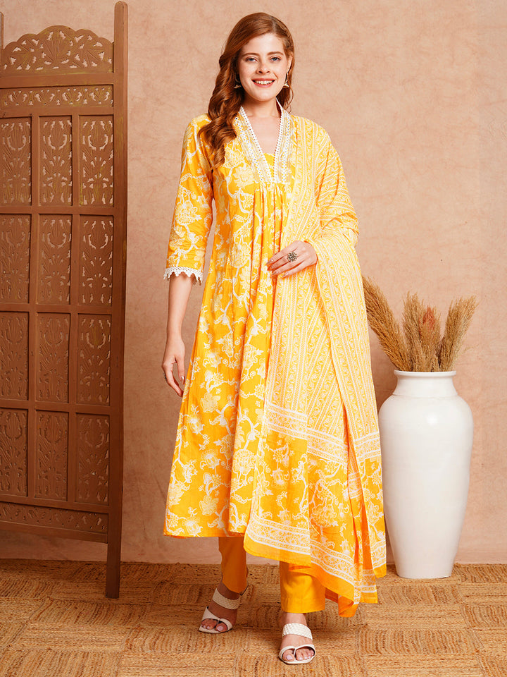 Floral Printed & Embroidered A-Line Paneled Kurta with Pant and Dupatta - Yellow