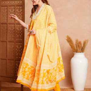Floral Printed & Embroidered A-Line Paneled Kurta with Pant and Dupatta - Yellow