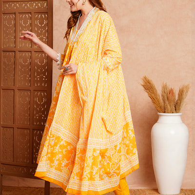 Floral Printed & Embroidered A-Line Paneled Kurta with Pant and Dupatta - Yellow