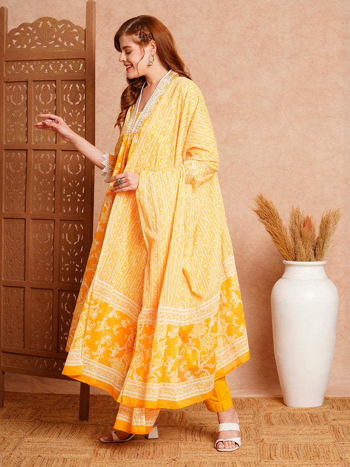 Floral Printed & Embroidered A-Line Paneled Kurta with Pant and Dupatta - Yellow