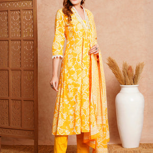 Floral Printed & Embroidered A-Line Paneled Kurta with Pant and Dupatta - Yellow