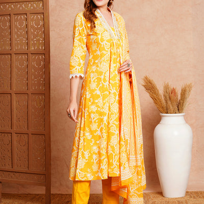 Floral Printed & Embroidered A-Line Paneled Kurta with Pant and Dupatta - Yellow