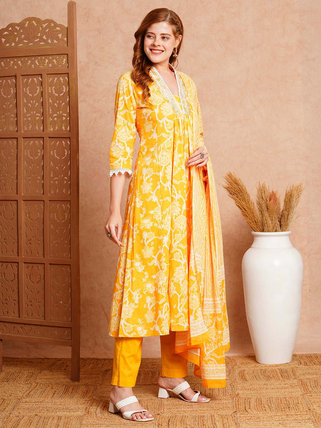 Floral Printed & Embroidered A-Line Paneled Kurta with Pant and Dupatta - Yellow